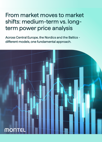 Candlestick chart illustrating medium-term versus long-term power price analysis, Montel Energy
