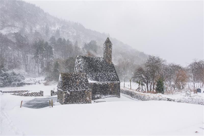 Irish building in a snowstorm